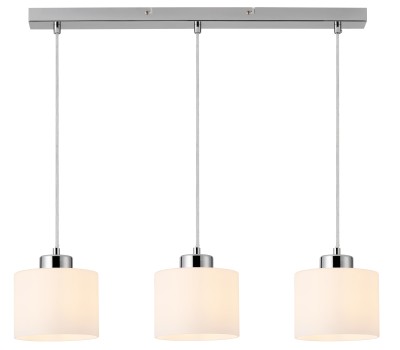 Riva - lampa wisząca chrom. 3xE27 40W. Wysokość 11cm. Wysokość całkowita 120cm. Szerokość 60cm. Głębokość 15cm. Klosze szklany biały opal mat.
